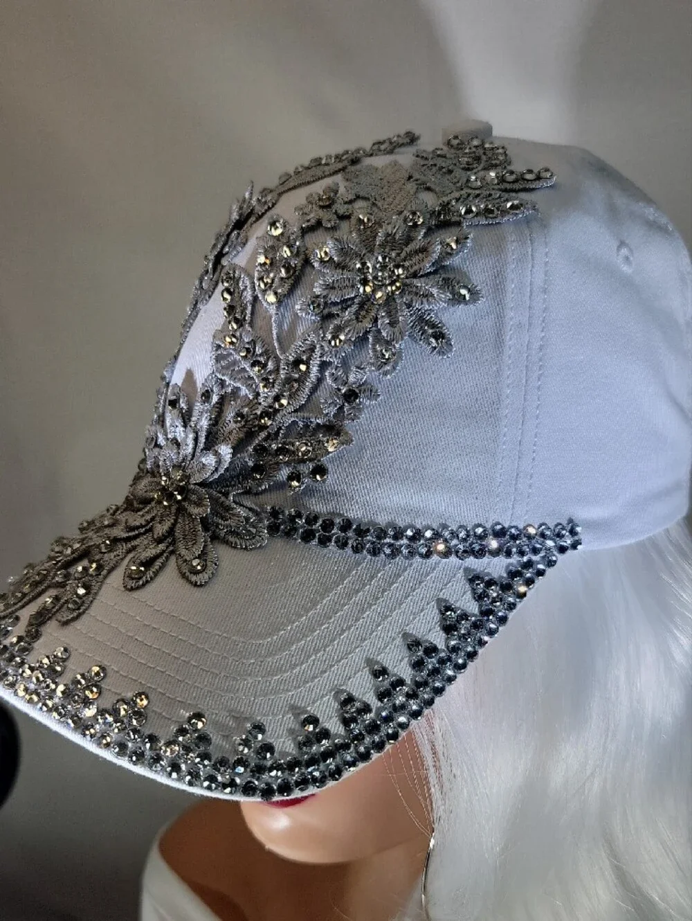 Embellished White Floral Rhinestone Baseball Cap - Picture 5 of 11